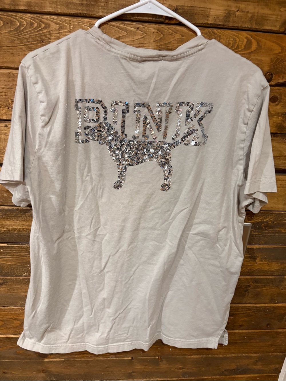 PINK Victoria's Secret Sequin Logo Short-Sleeve Tee - Cream size XL